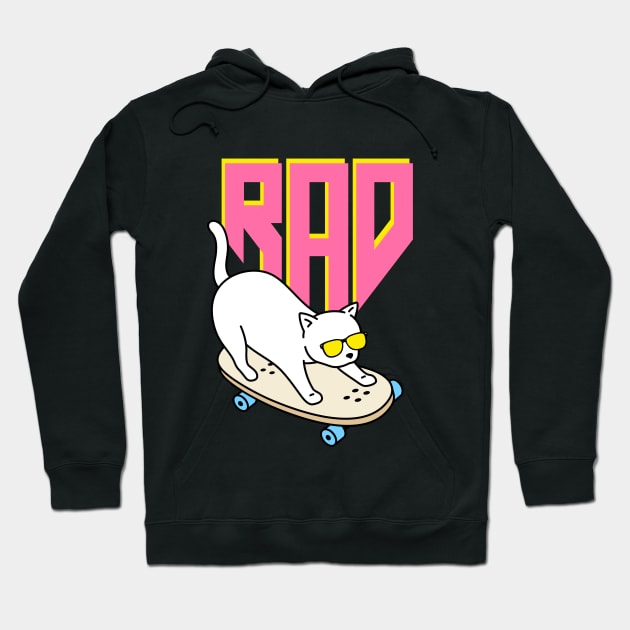 Rad White Cat on Skateboard - Silly Design Hoodie by Flourescent Flamingo